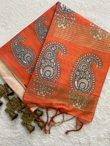 Orange Tussar Silk Paisley Border Saree