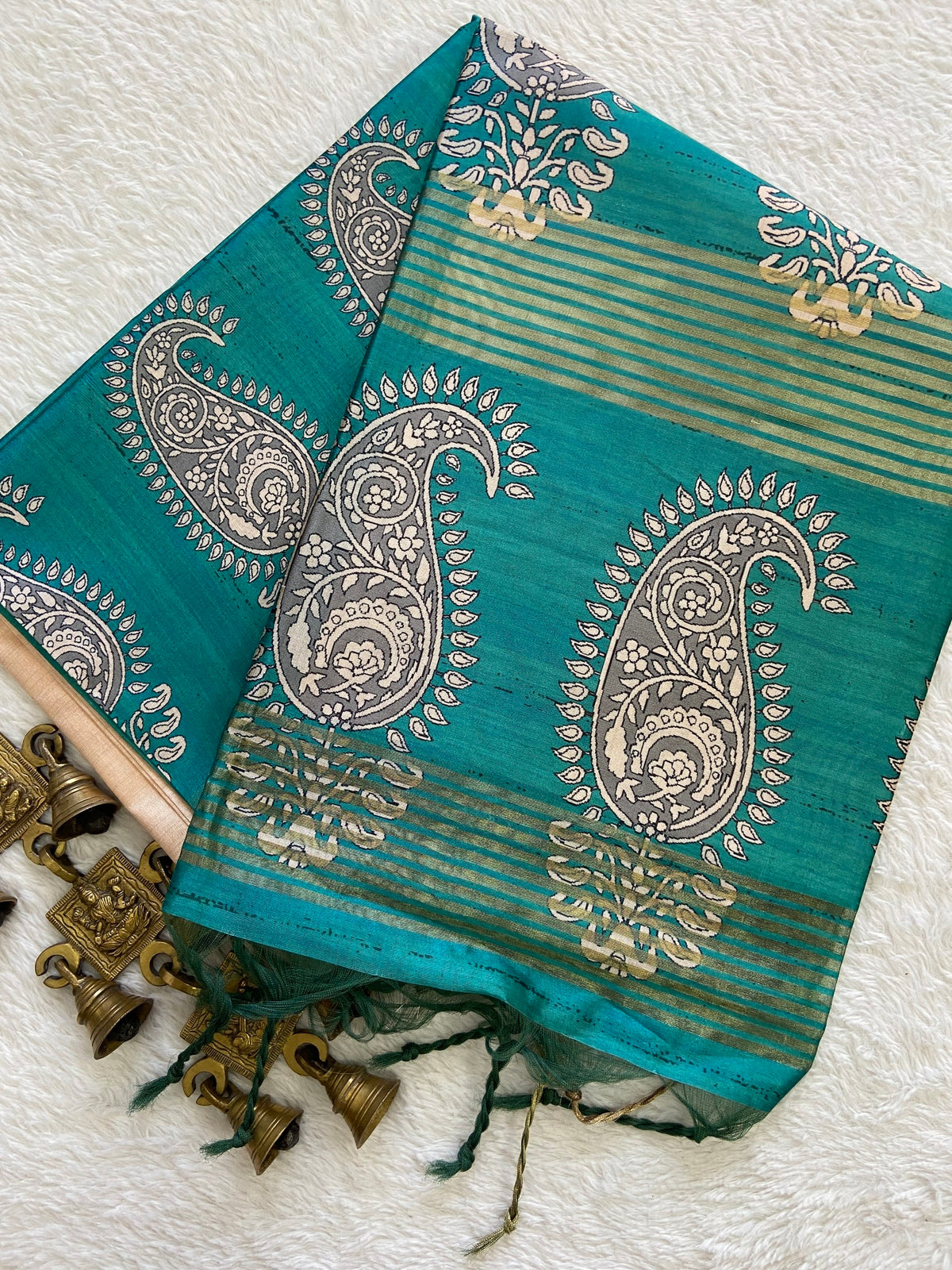 Teal Tussar Silk Paisley Border Saree