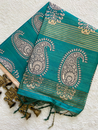 Teal Tussar Silk Paisley Border Saree