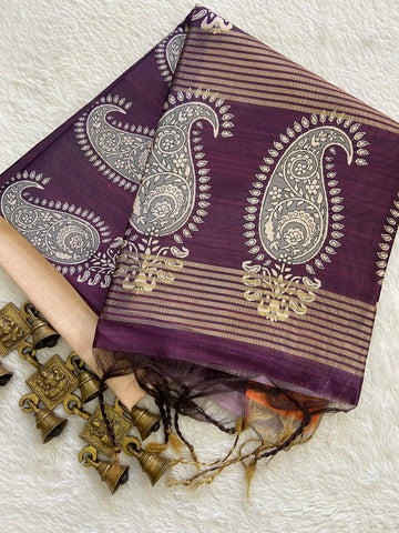 Purple Tussar Silk Paisley Border Saree