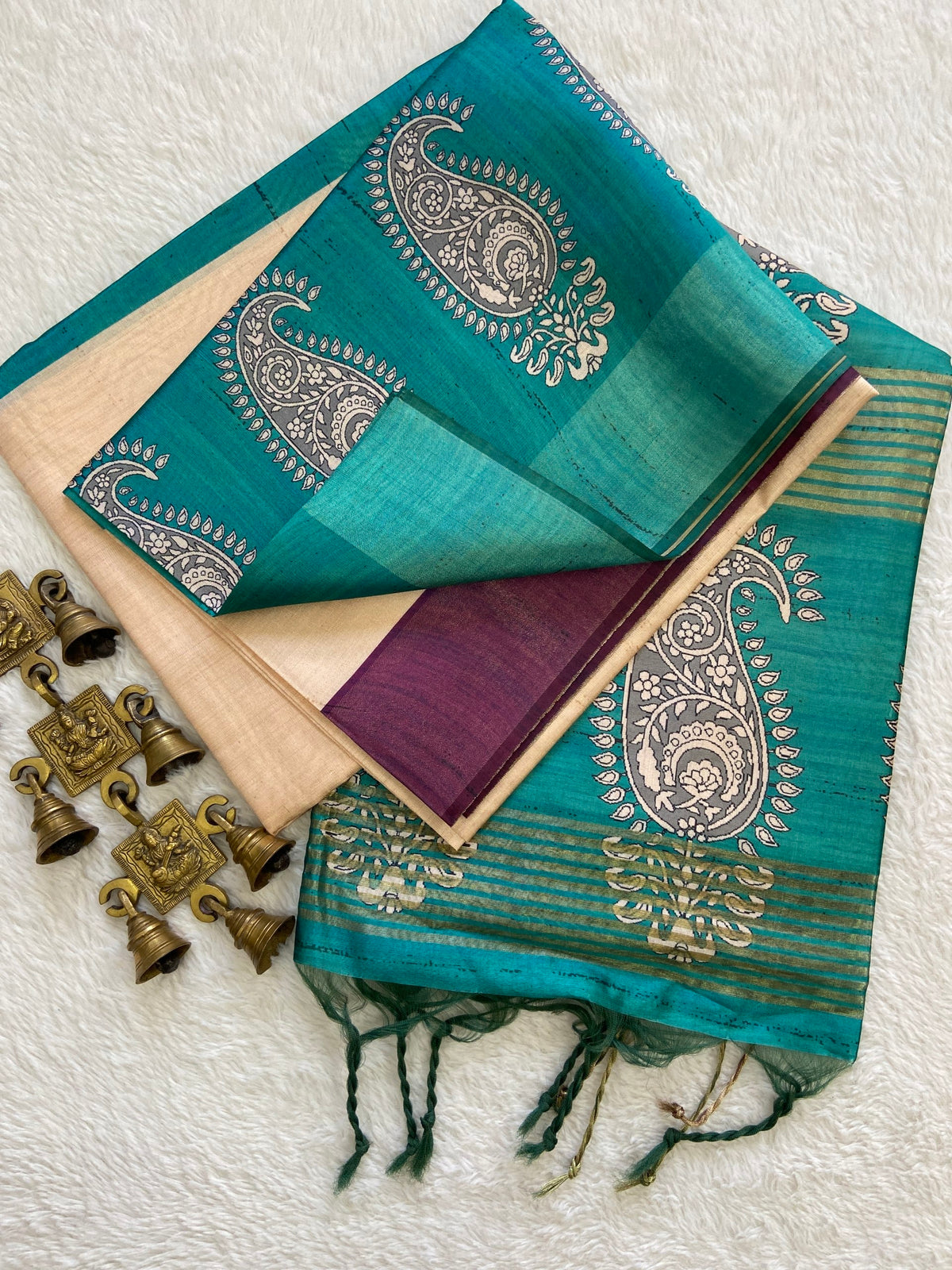 Teal Tussar Silk Paisley Border Saree, view 2