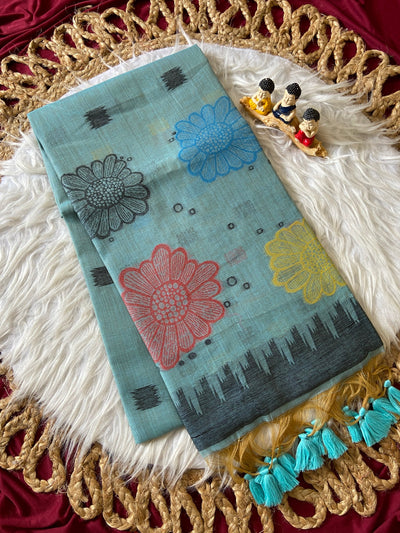 Sky Blue Muga Cotton Temple Border Saree