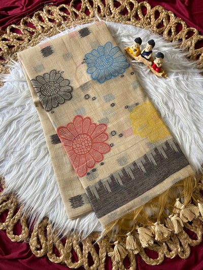 Beige Muga Cotton Temple Border Saree