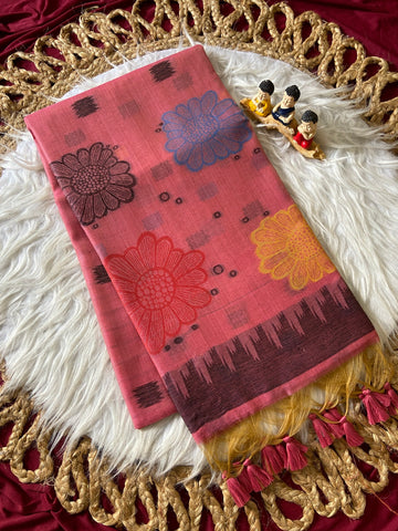 Pink Muga Cotton Temple Border Saree