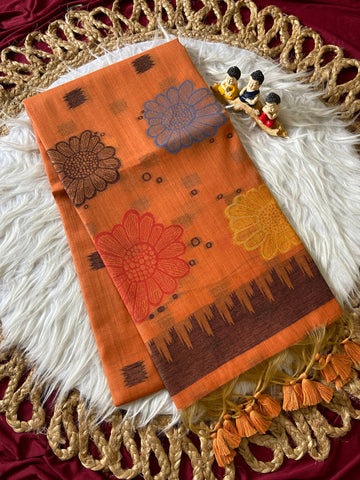 Orange Muga Cotton Temple Border Saree