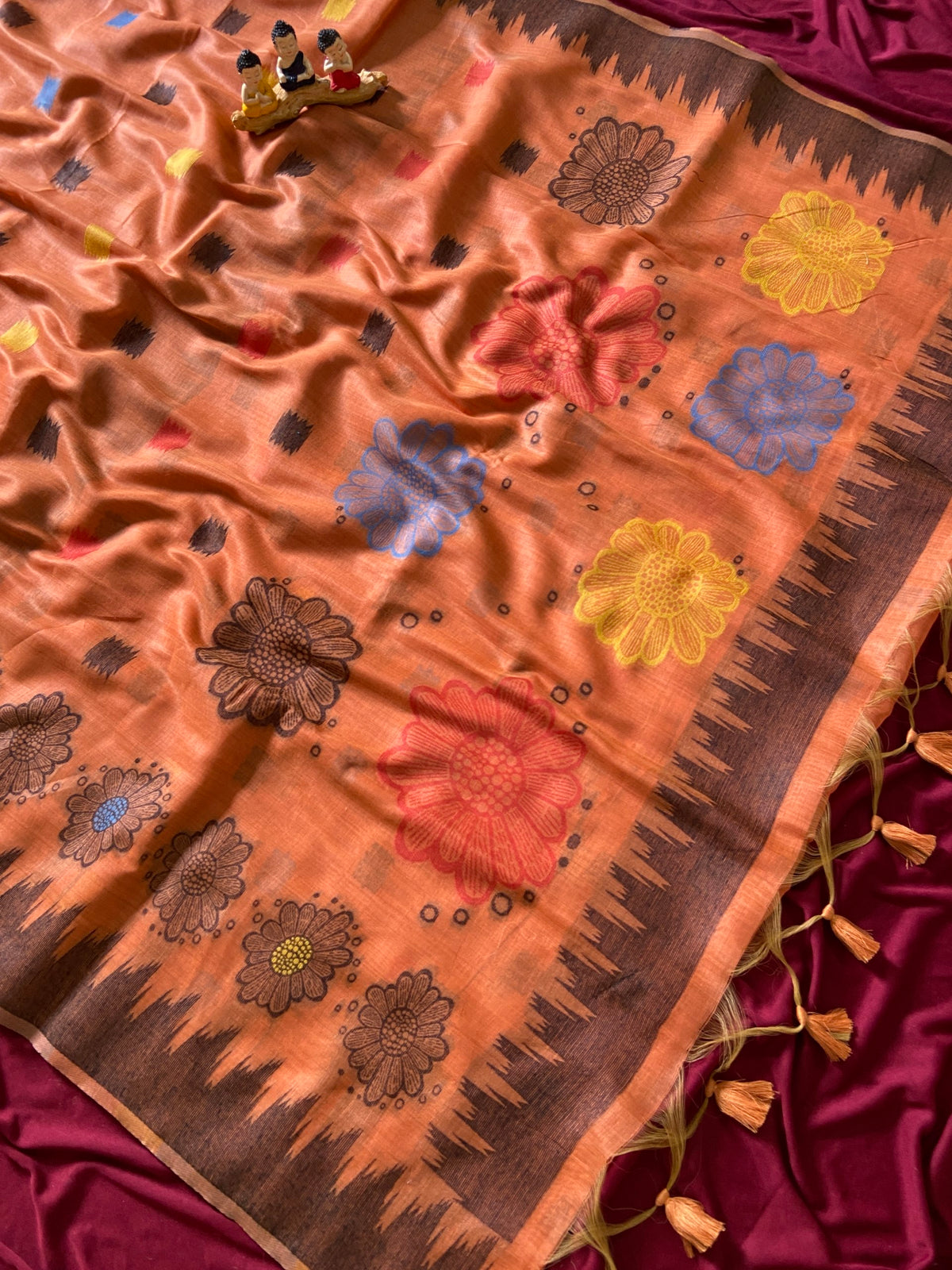Orange Muga Cotton Temple Border Saree, view 2