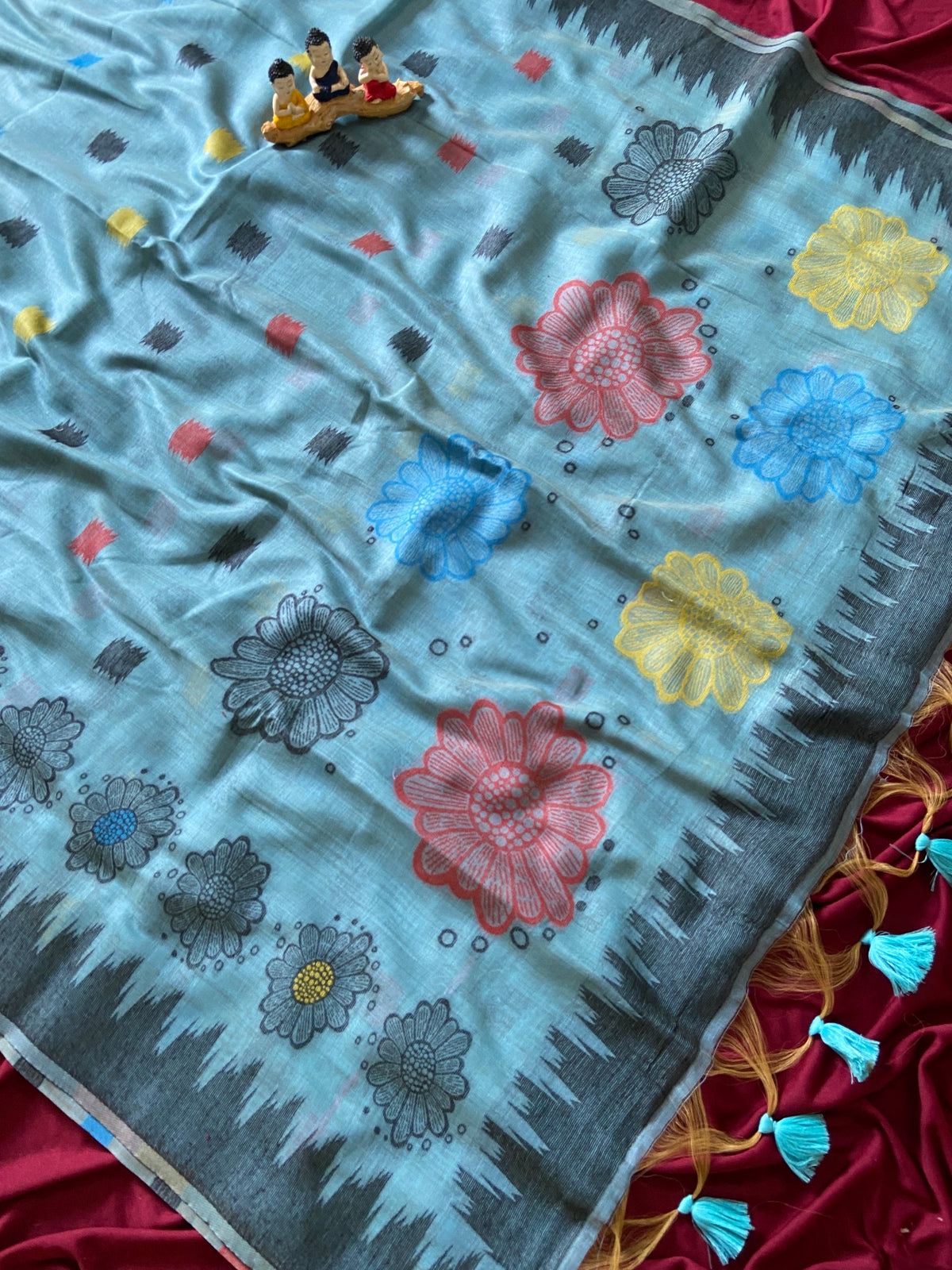Sky Blue Muga Cotton Temple Border Saree, view 2
