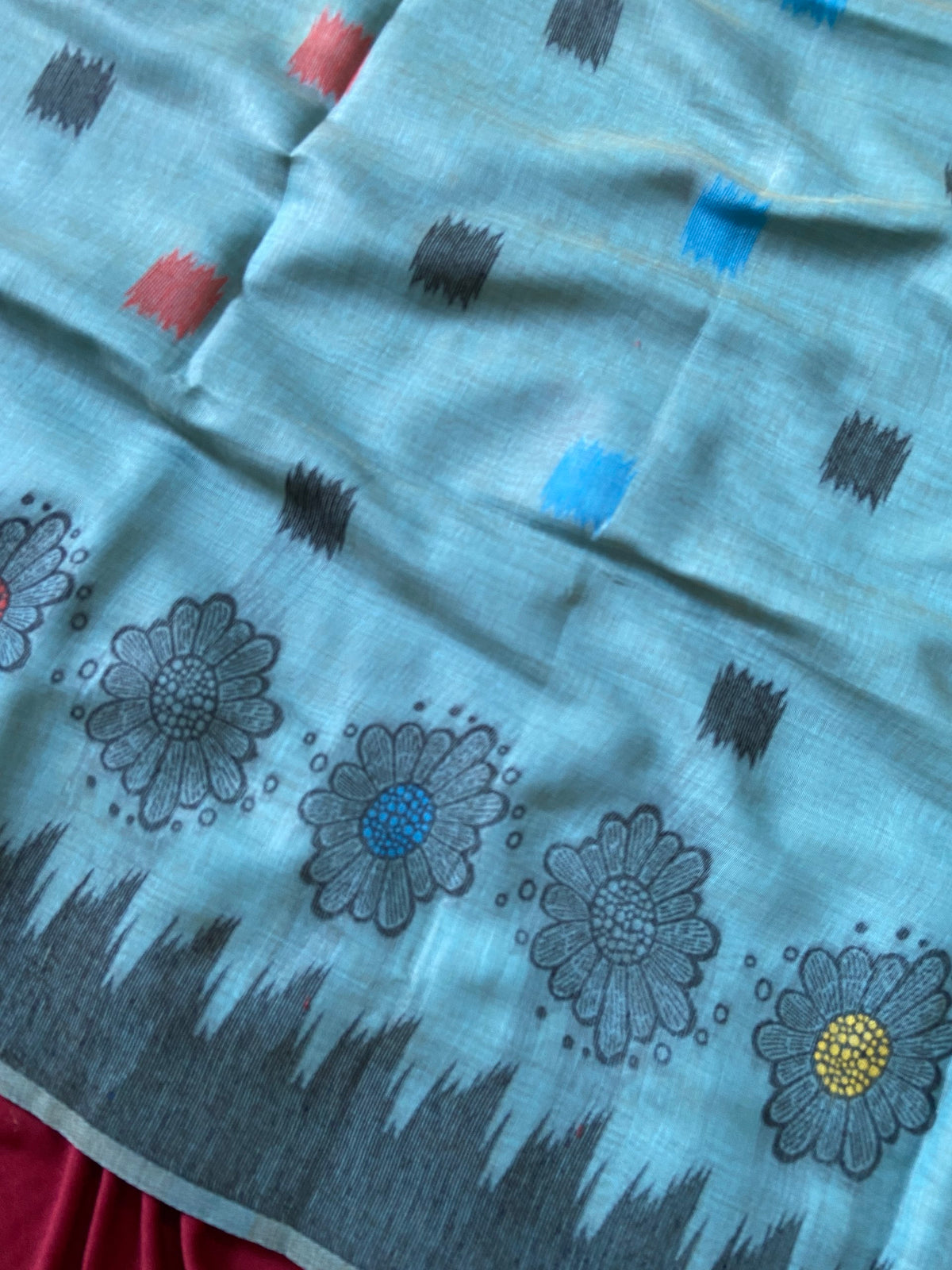 Sky Blue Muga Cotton Temple Border Saree, view 3