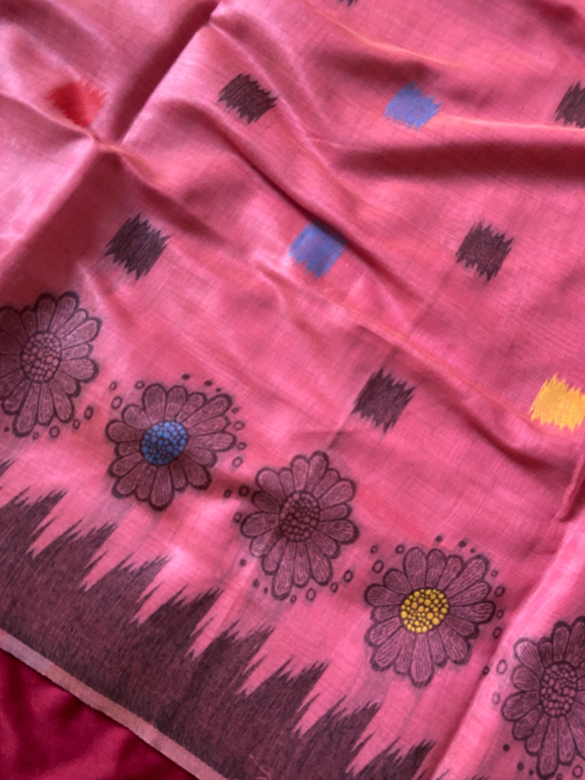 Pink Muga Cotton Temple Border Saree, view 3
