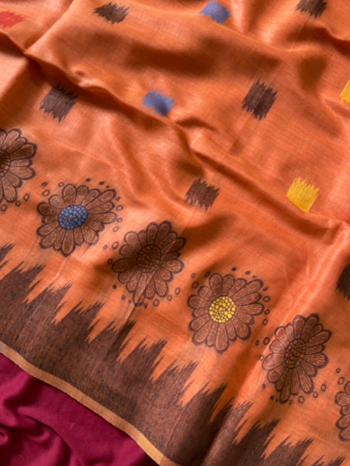 Orange Muga Cotton Temple Border Saree, view 3