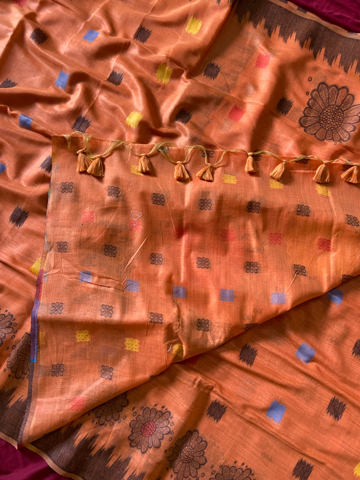 Orange Muga Cotton Temple Border Saree, view 4