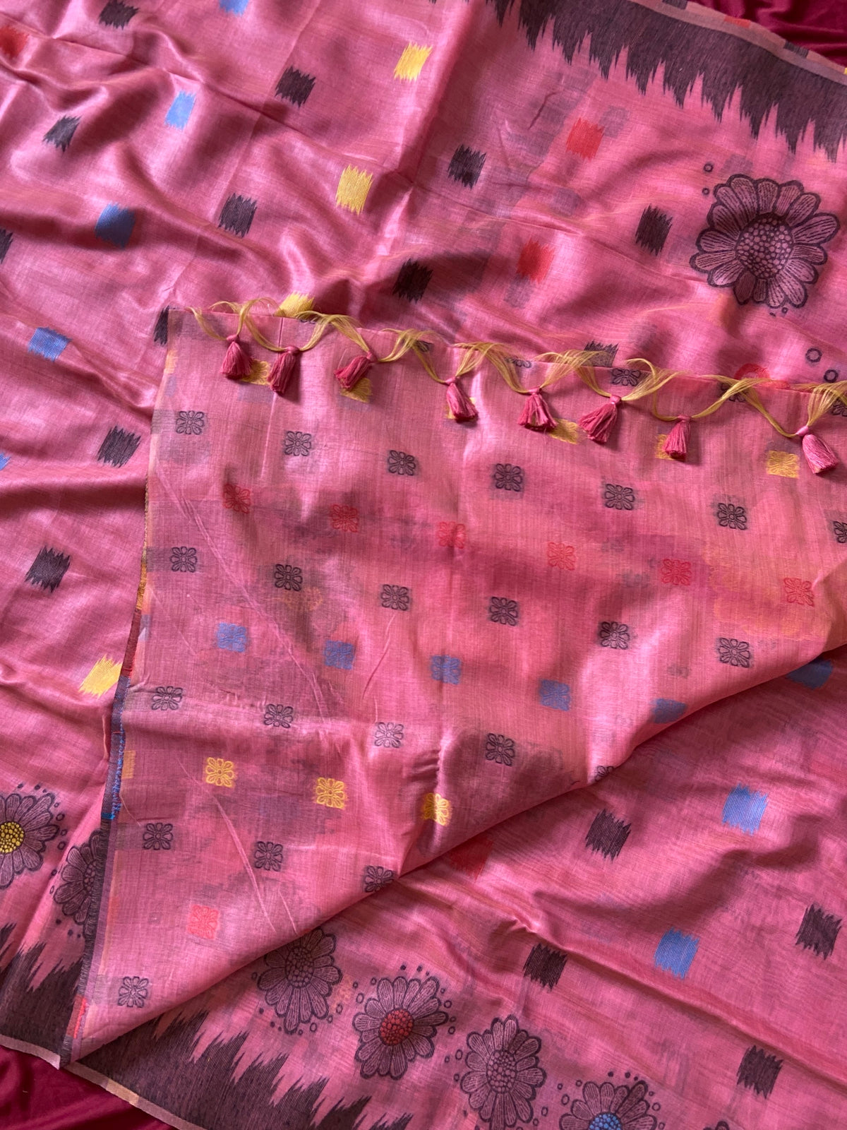 Pink Muga Cotton Temple Border Saree, view 4