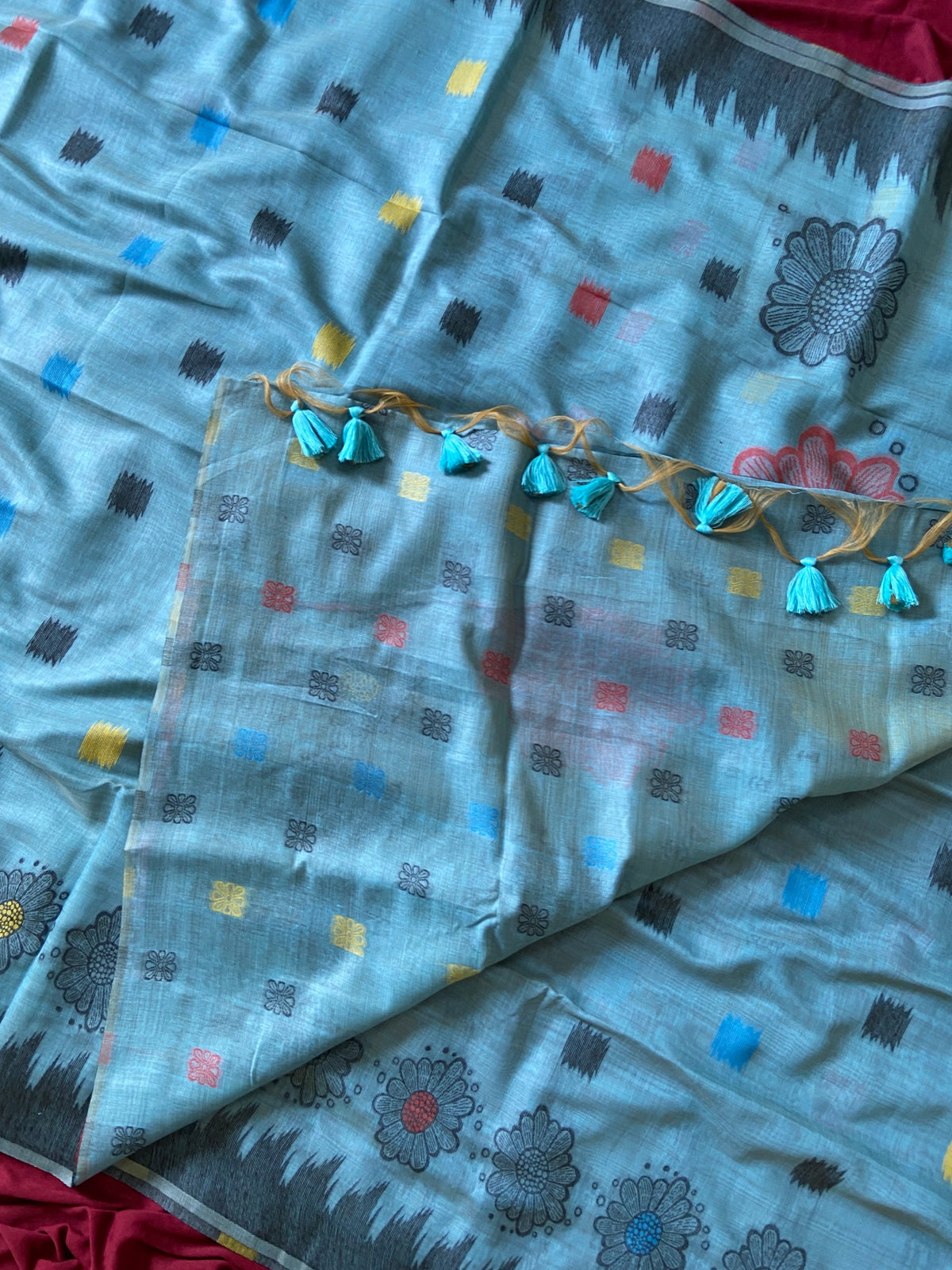 Sky Blue Muga Cotton Temple Border Saree, view 4
