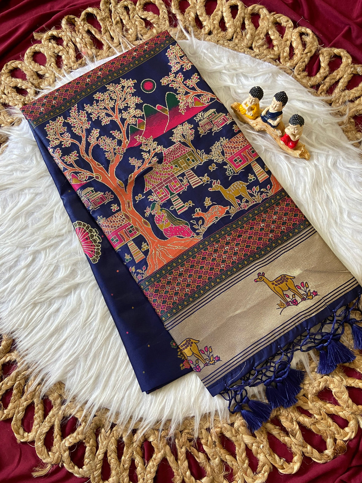 Navy Blue Pashmina Silk Zari Woven Saree, view 2
