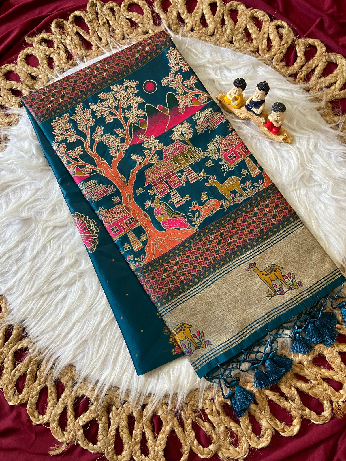Teal Blue Pashmina Silk Zari Woven Saree, view 2