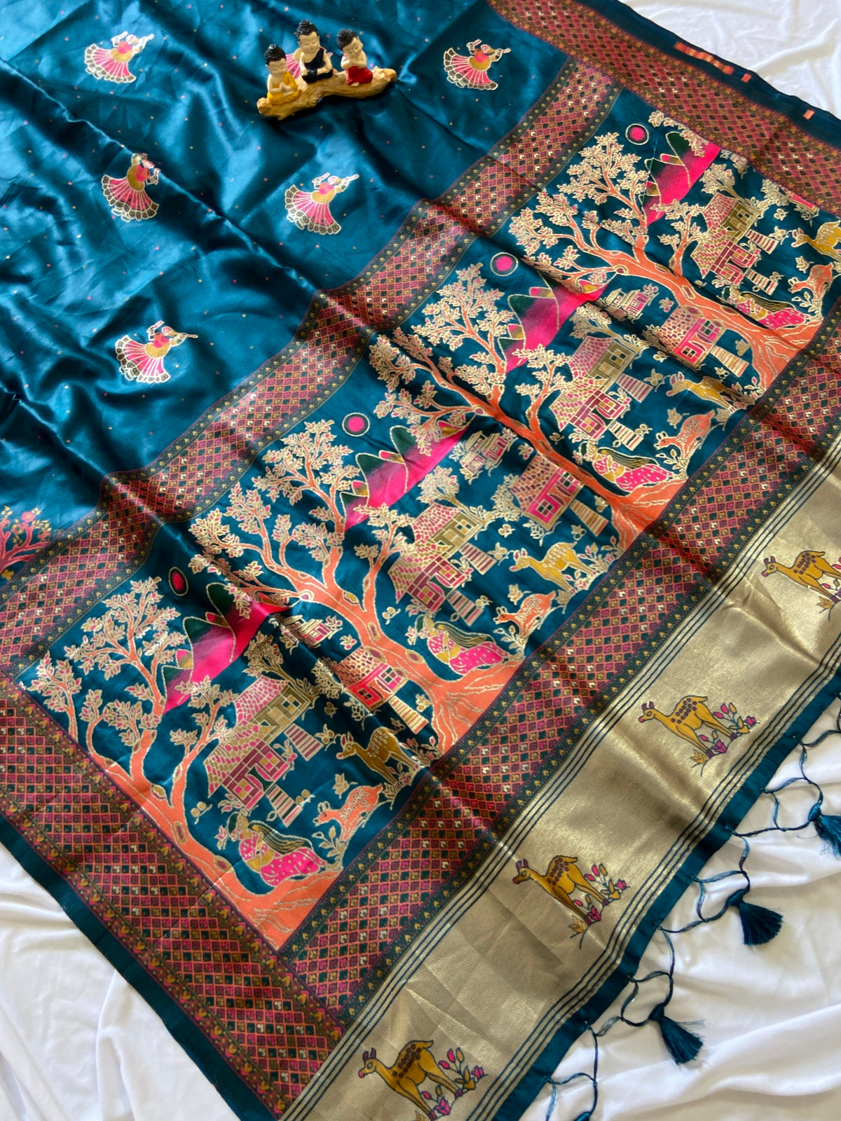 Teal Blue Pashmina Silk Zari Woven Saree, view 3