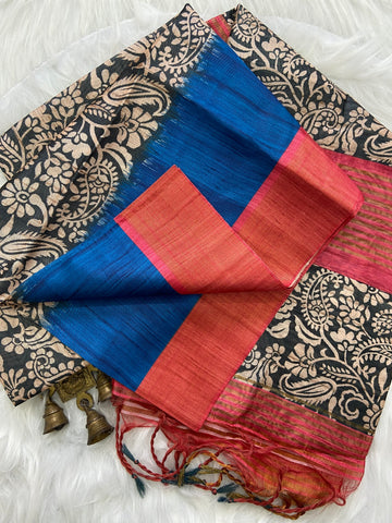 Blue and Orange Tussar Silk Colour Block Saree
