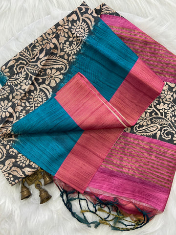 Teal and Pink Tussar Silk Colour Block Saree