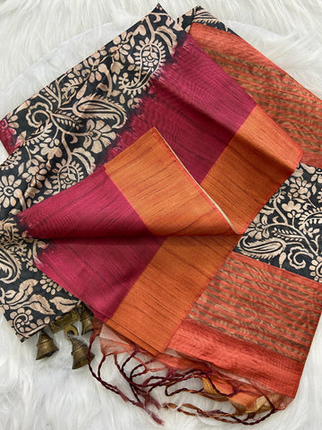 Maroon and Orange Tussar Silk Colour Block Saree