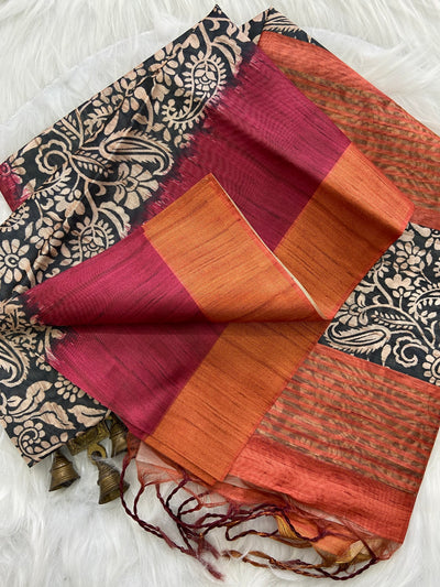 Maroon and Orange Tussar Silk Colour Block Saree