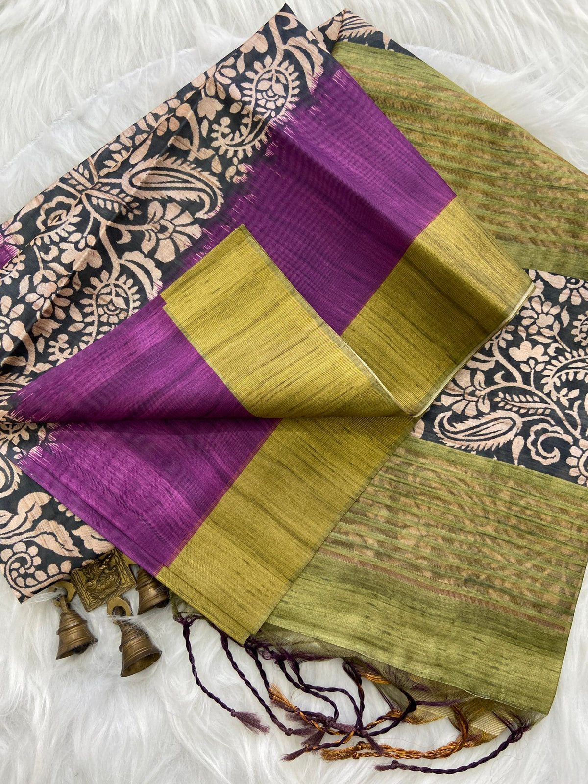 Purple and Olive Tussar Silk Colour Block Saree