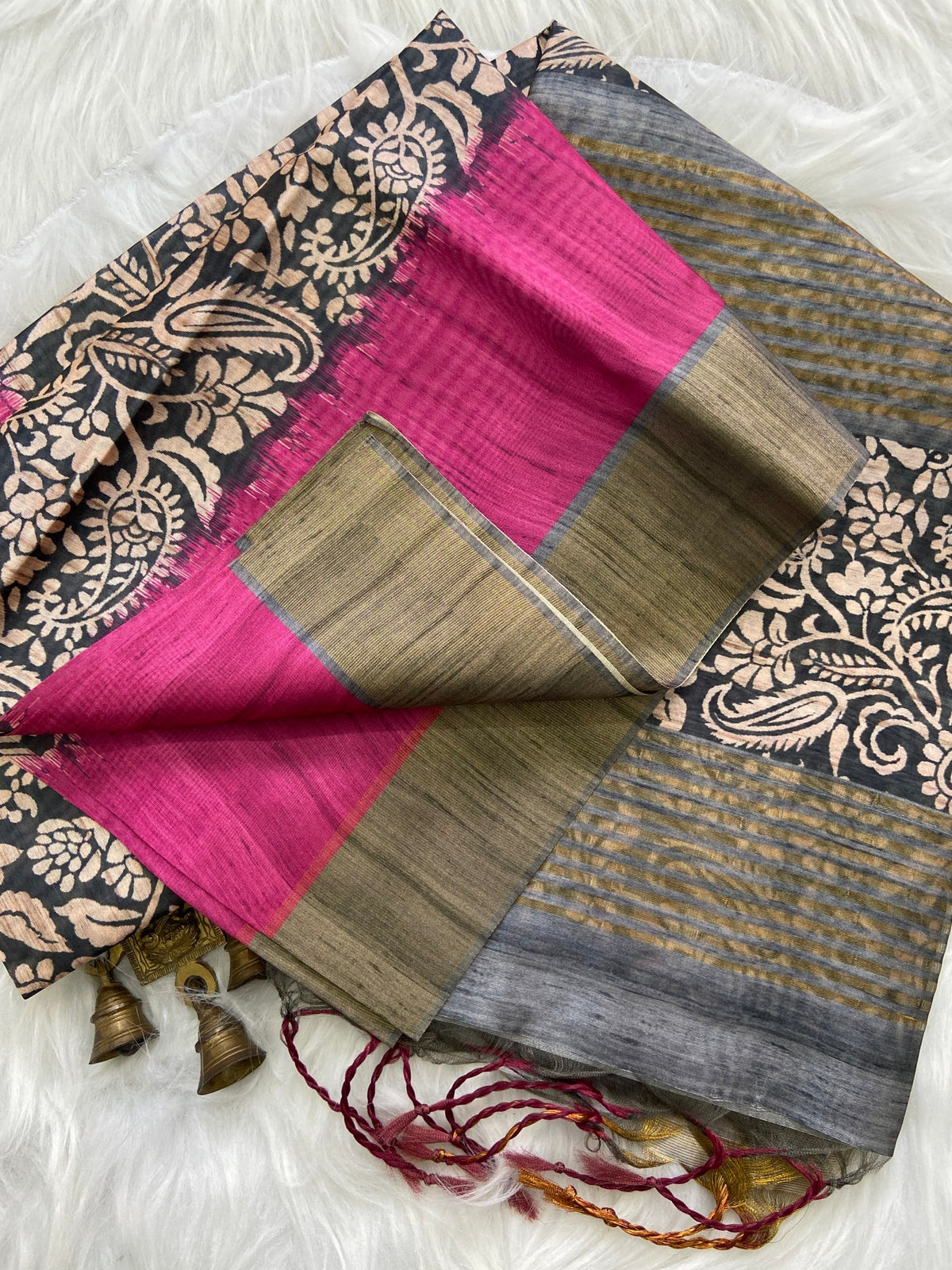 Pink and Grey Tussar Silk Colour Block Saree