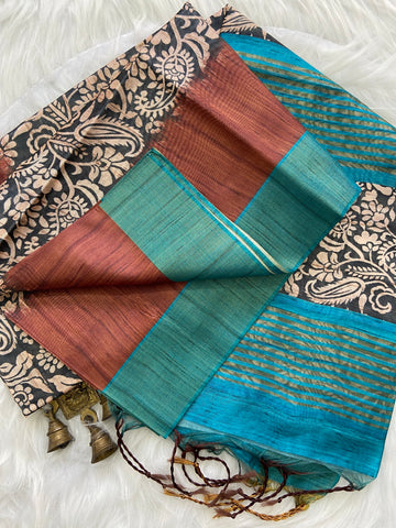 Rust and Teal Tussar Silk Colour Block Saree