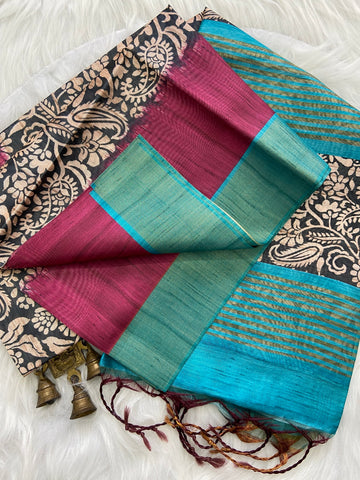 Pink and Sky Blue Tussar Silk Colour Block Saree