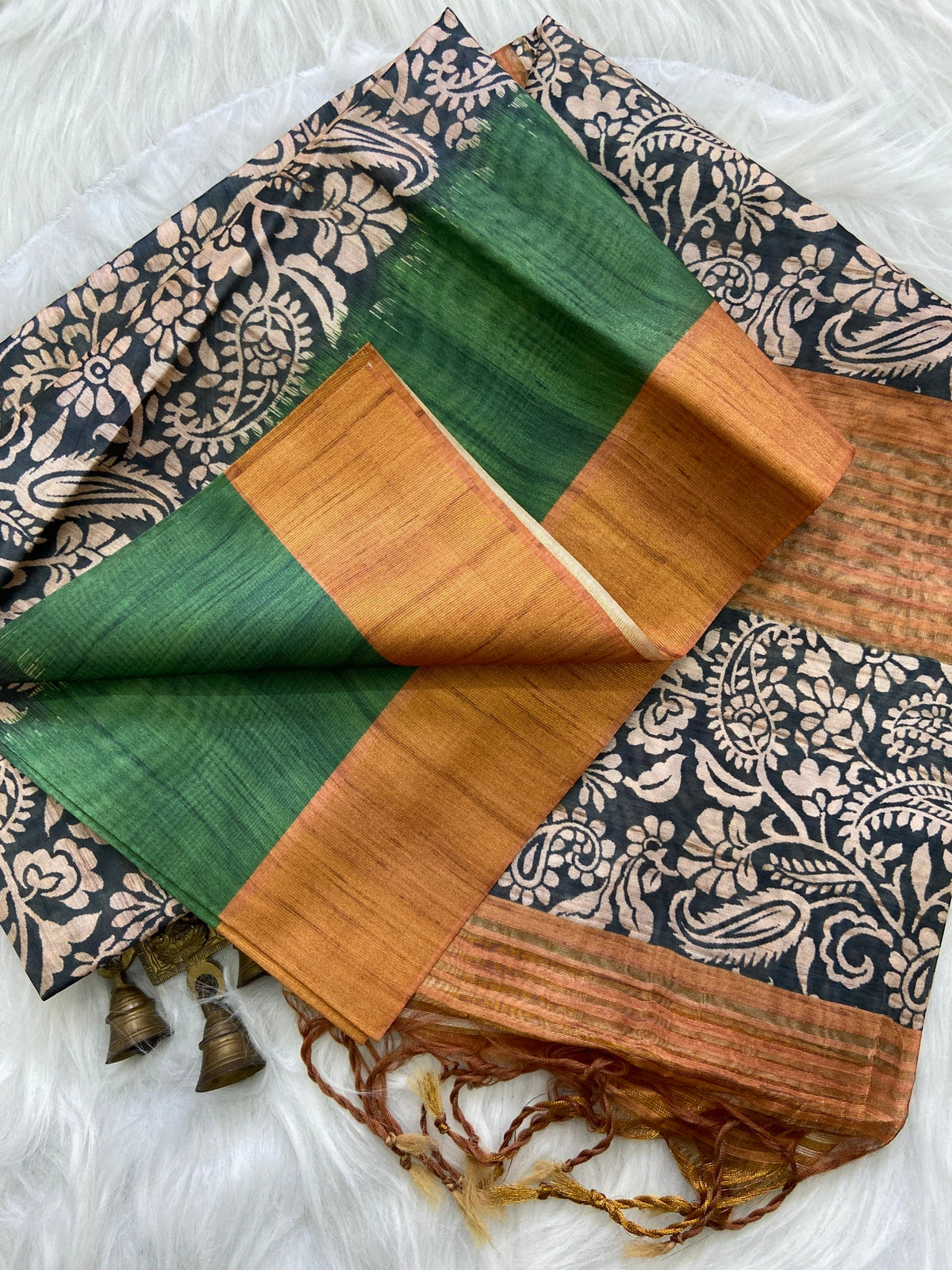 Green and Orange Tussar Silk Colour Block Saree