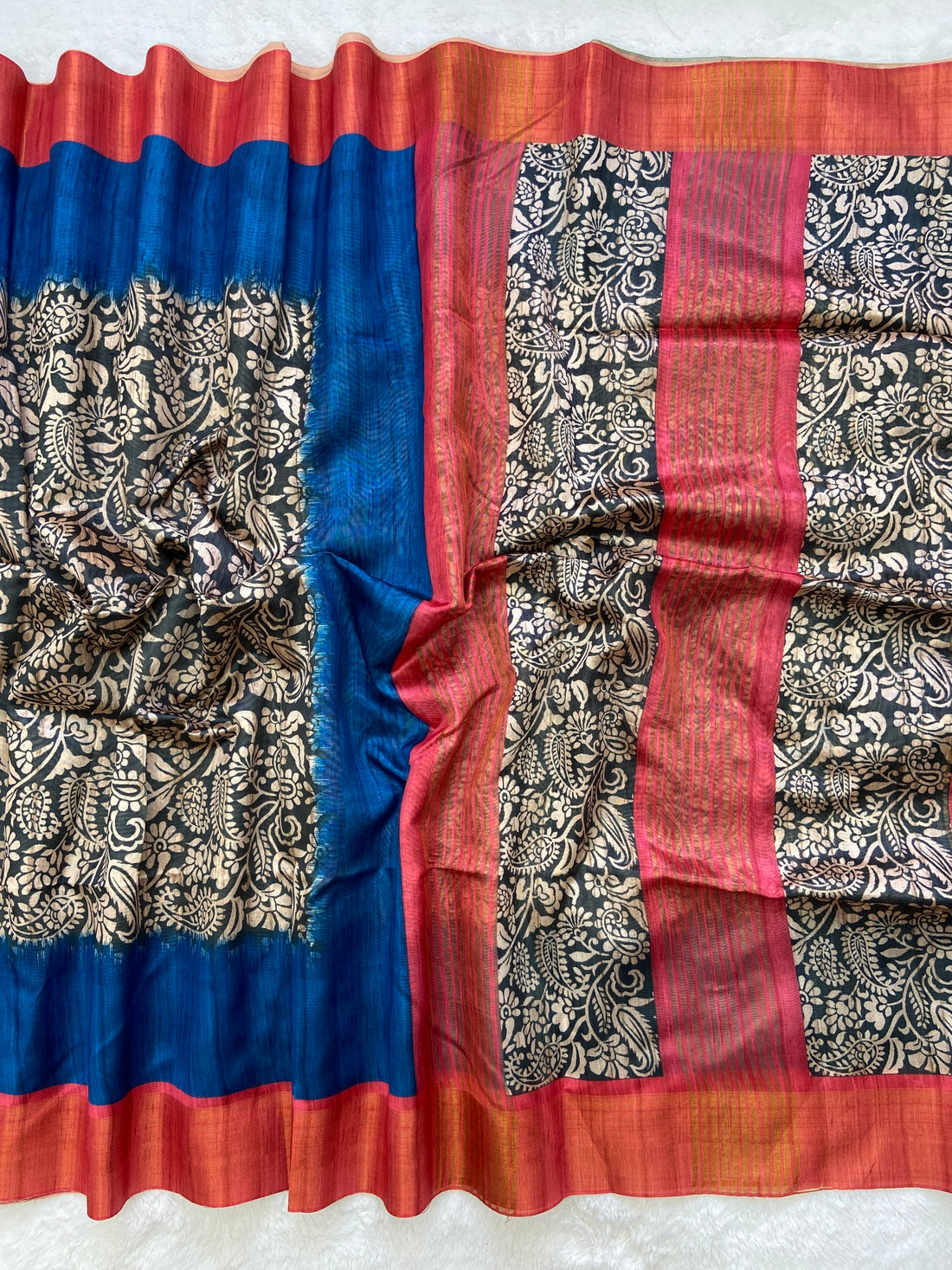 Blue and Orange Tussar Silk Colour Block Saree