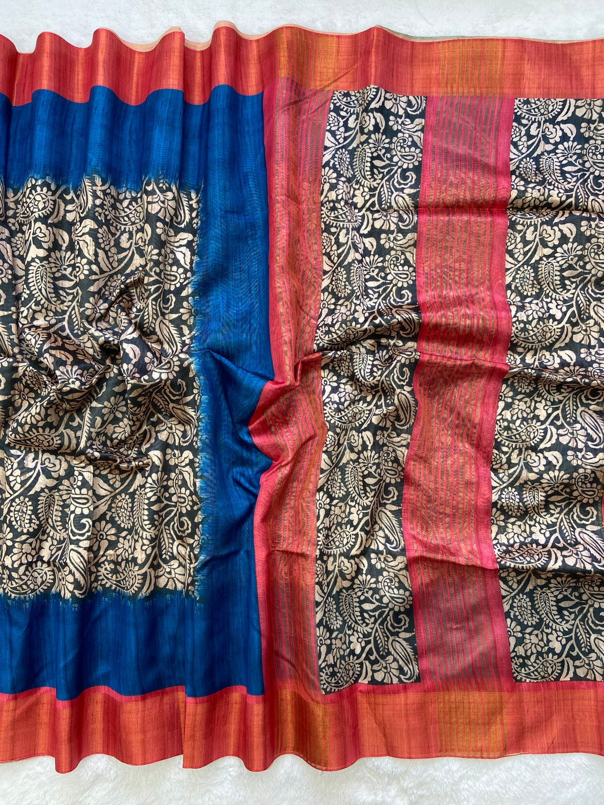 Blue and Orange Tussar Silk Colour Block Saree, view 2