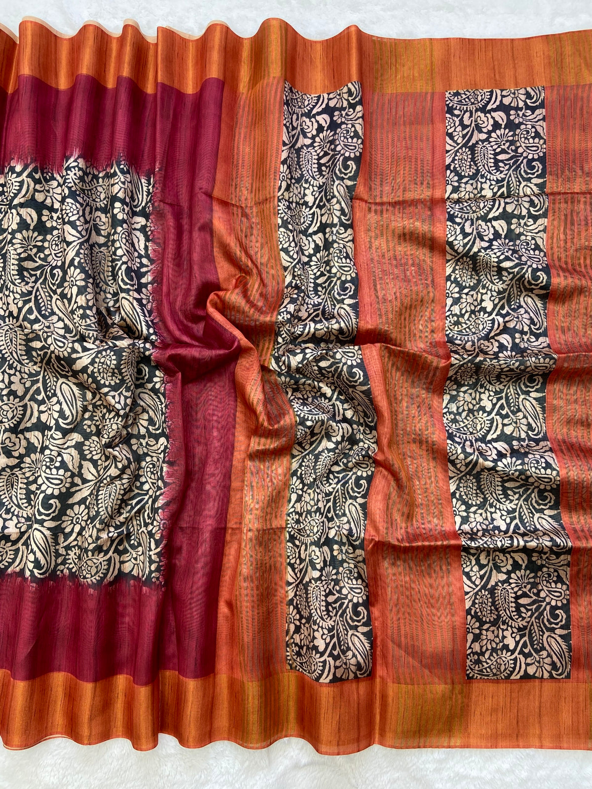 Maroon and Orange Tussar Silk Colour Block Saree, view 2