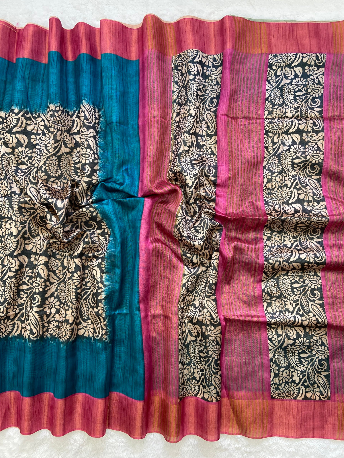Teal and Pink Tussar Silk Colour Block Saree, view 2