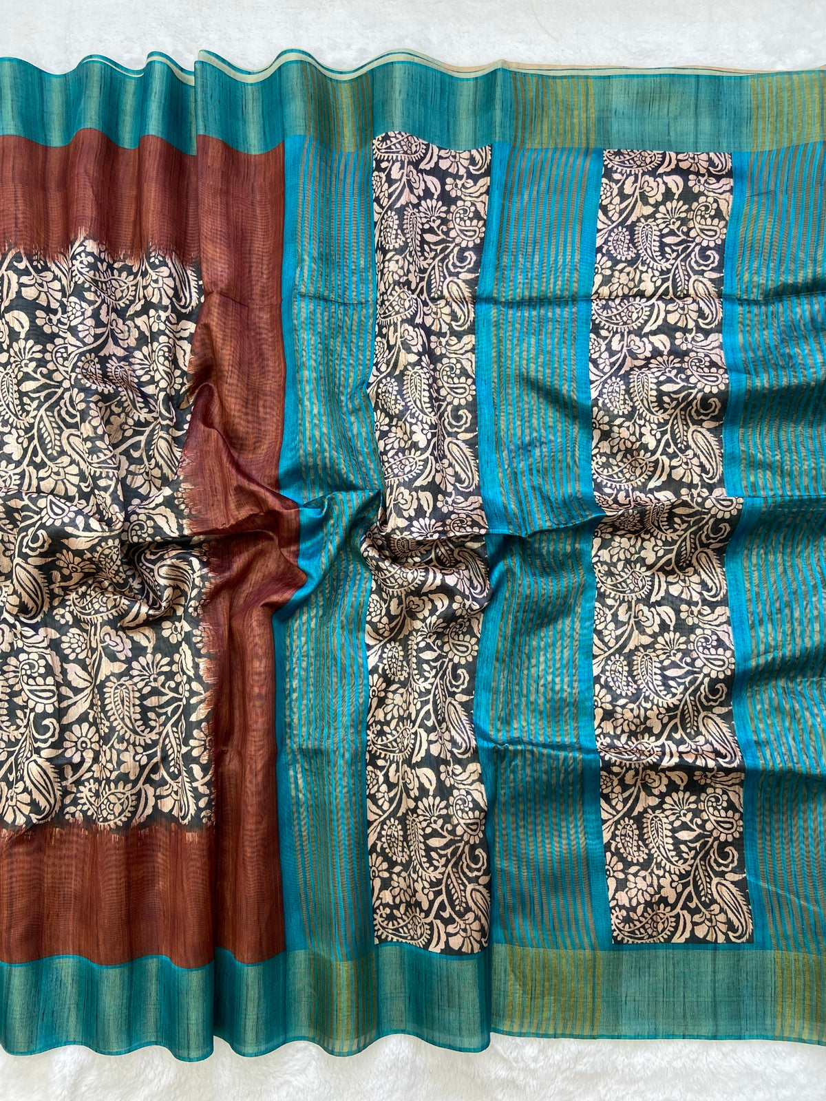 Rust and Teal Tussar Silk Colour Block Saree, view 2