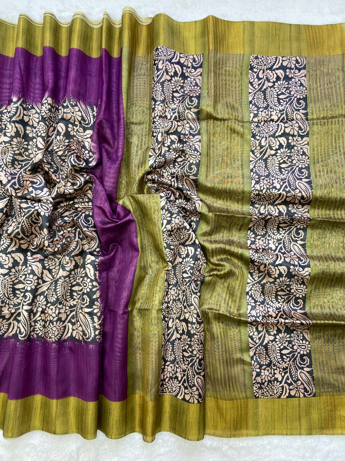 Purple and Olive Tussar Silk Colour Block Saree, view 2