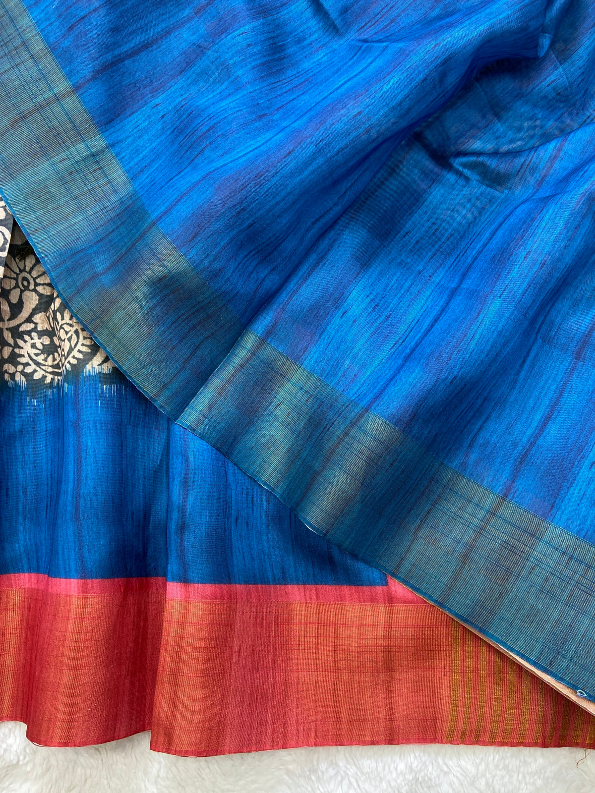 Blue and Orange Tussar Silk Colour Block Saree, view 3
