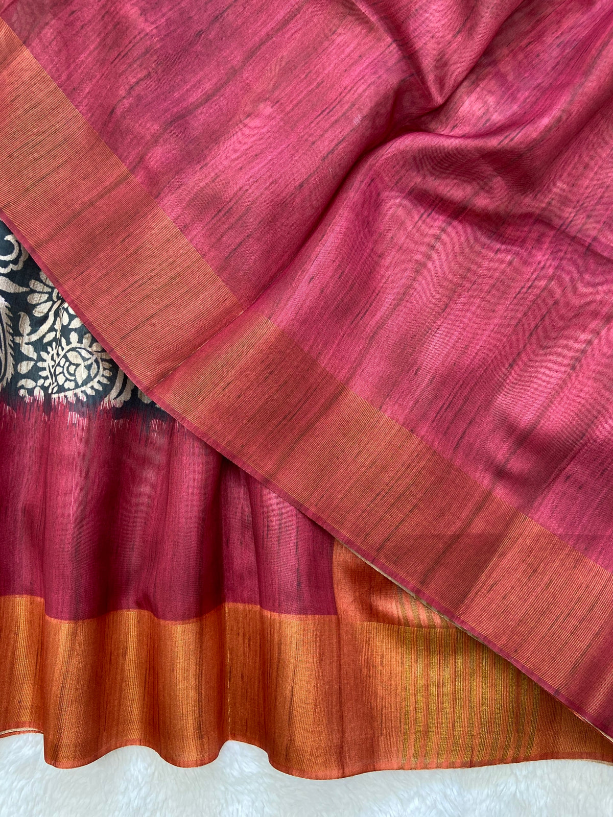 Maroon and Orange Tussar Silk Colour Block Saree, view 3