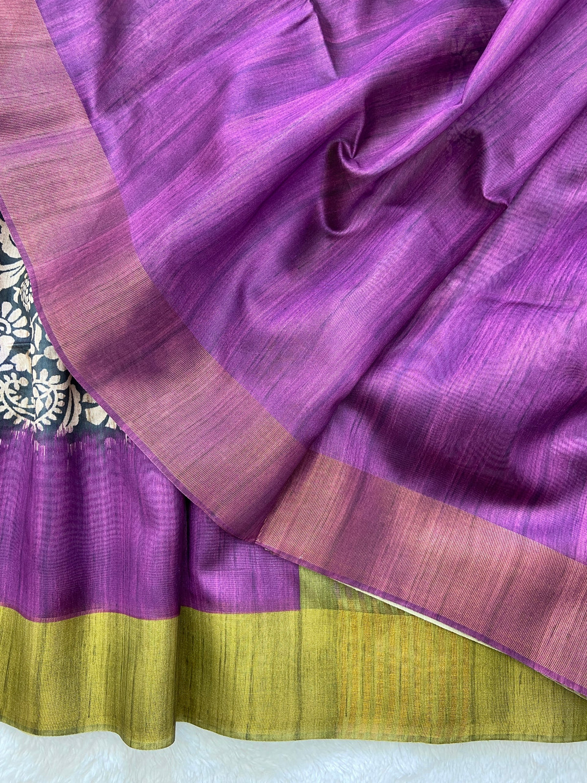 Purple and Olive Tussar Silk Colour Block Saree, view 3
