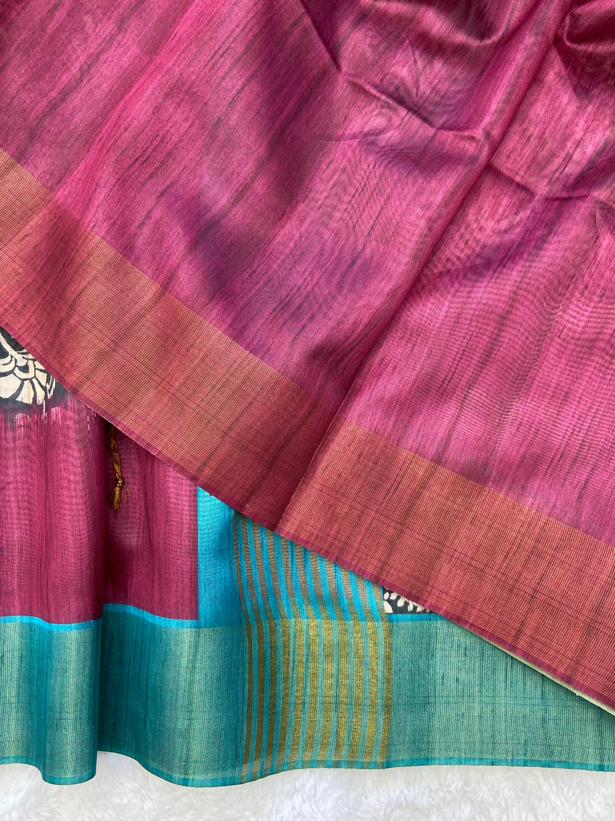 Pink and Sky Blue Tussar Silk Colour Block Saree, view 3