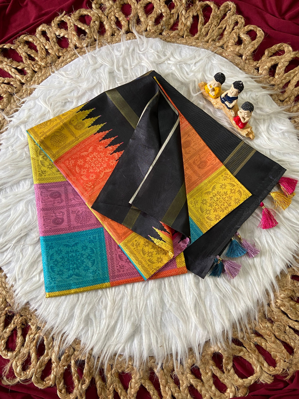 Black and Multicolour Tussar Silk Multicolour Check Saree
