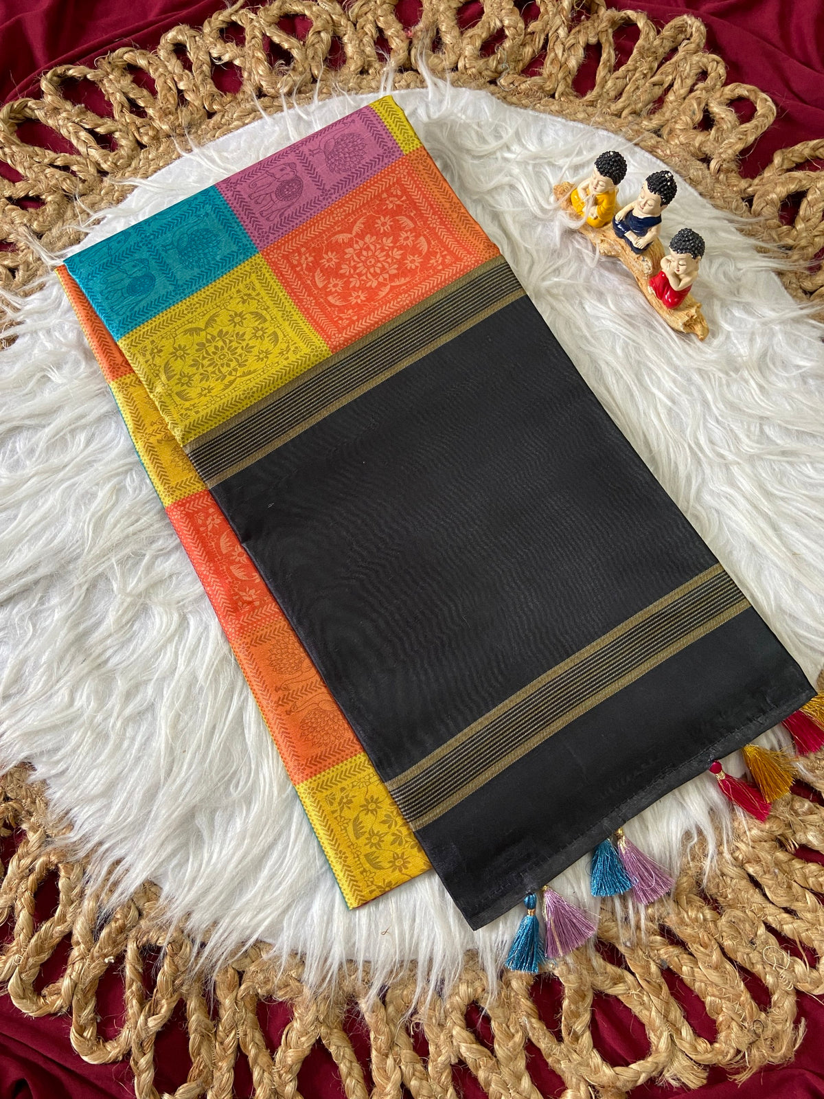 Black and Multicolour Tussar Silk Multicolour Check Saree, view 2
