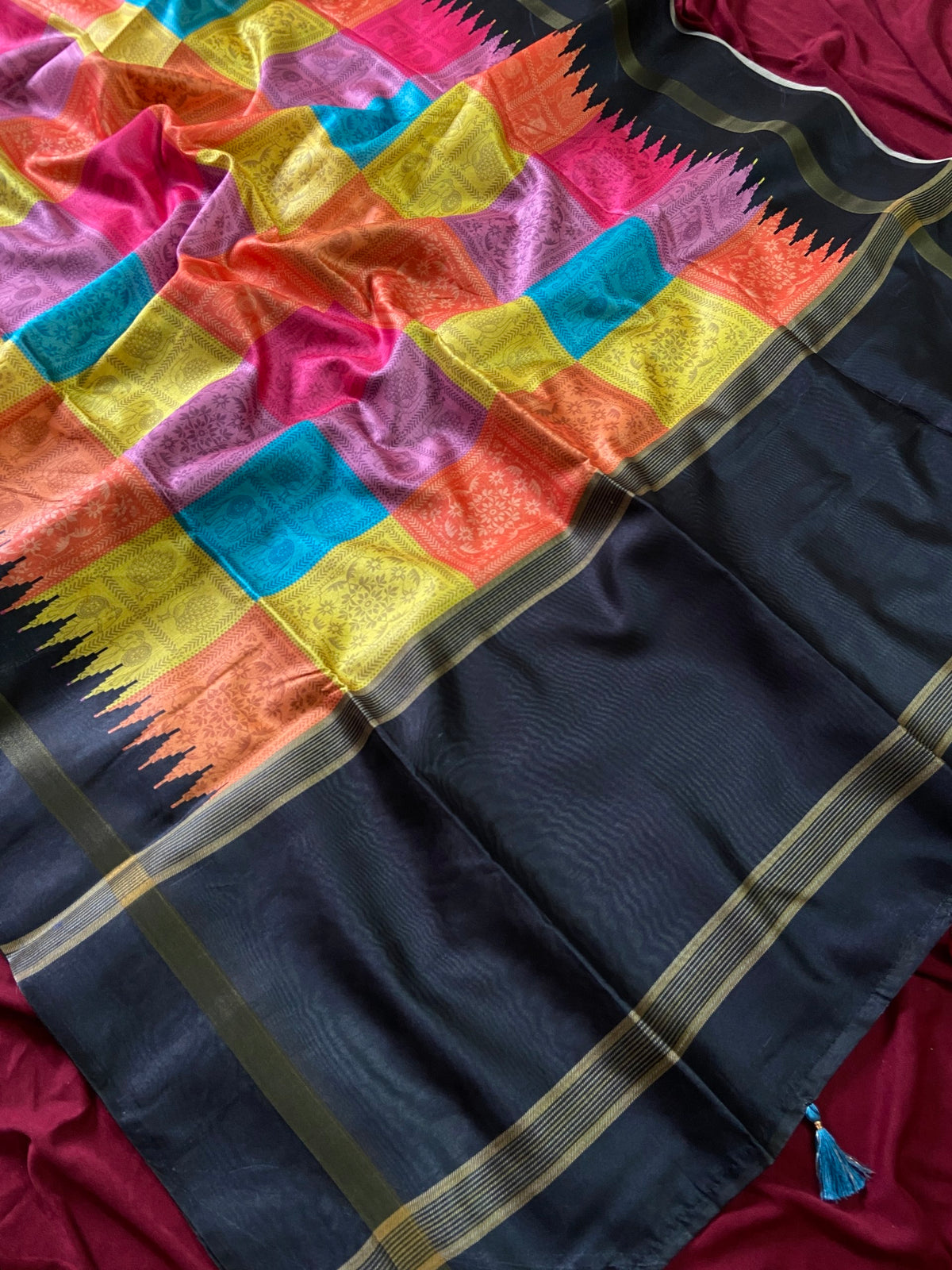 Black and Multicolour Tussar Silk Multicolour Check Saree, view 3
