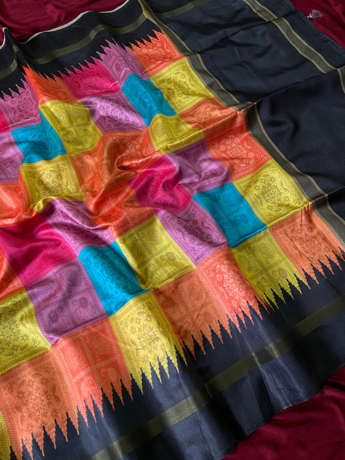 Black and Multicolour Tussar Silk Multicolour Check Saree, view 4