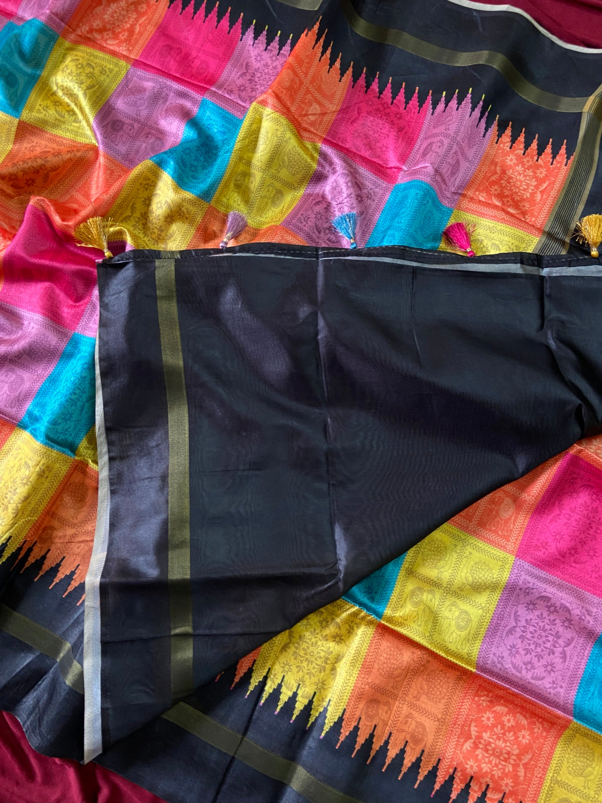 Black and Multicolour Tussar Silk Multicolour Check Saree, view 5