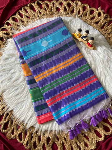 Blue and Multicolour Soft Silk Berhampuri Double Pallu Saree