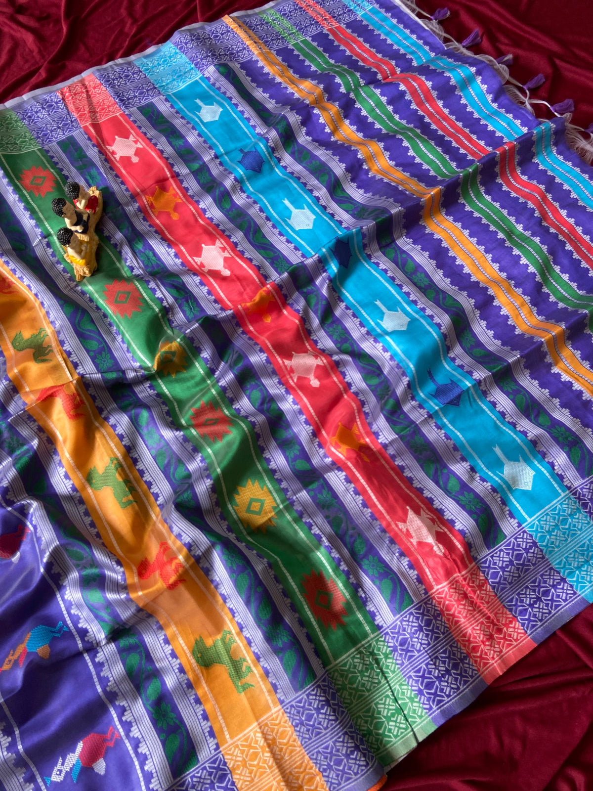 Blue and Multicolour Soft Silk Berhampuri Double Pallu Saree, view 3