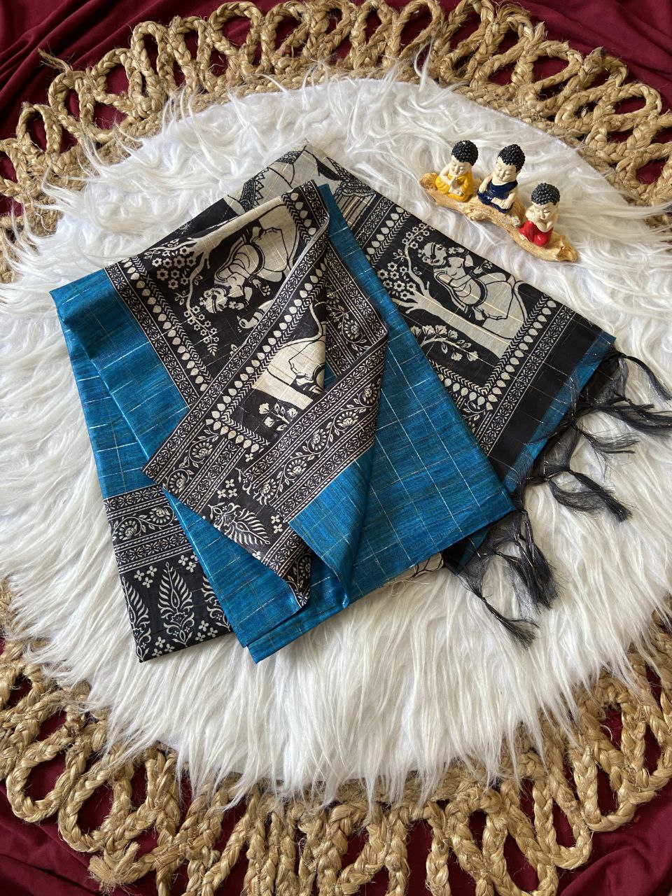 Blue Semi Tussar Silk Printed Saree