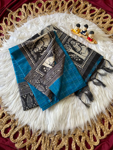 Blue Semi Tussar Silk Printed Saree