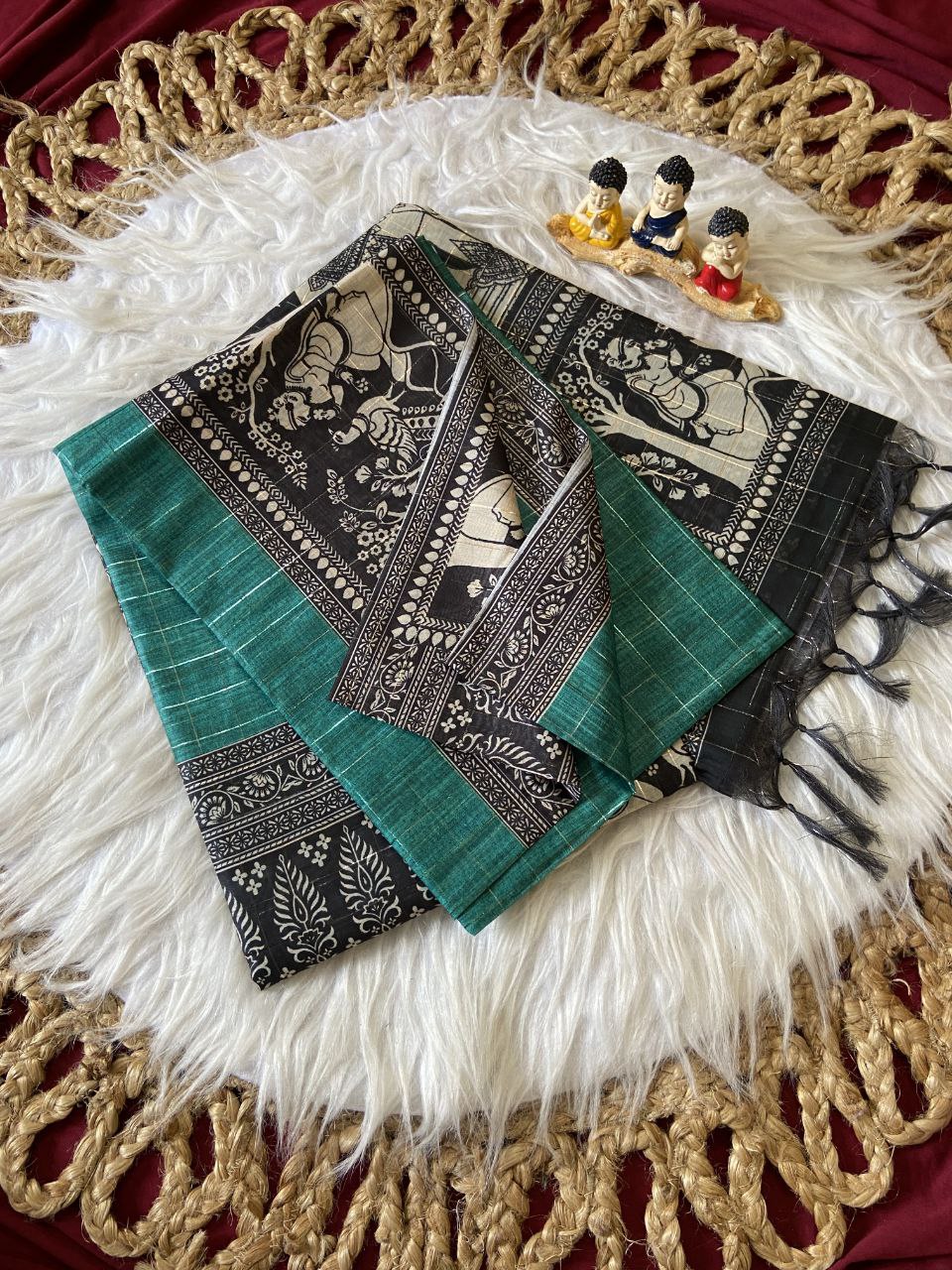 Teal Green Semi Tussar Silk Printed Saree