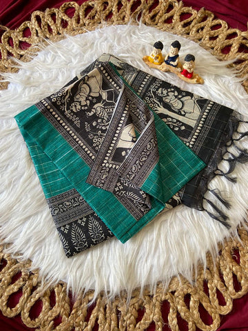Teal Green Semi Tussar Silk Printed Saree